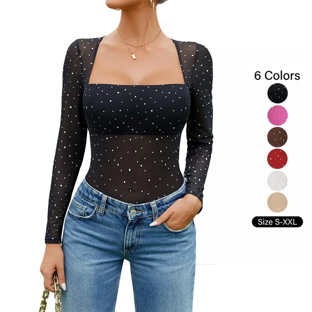 Avid love Women's Fashion Square Neck Long Sleeve Rhinestone Sheer Mesh Bodysuit, Suitable for Year-Round Styling Clothes