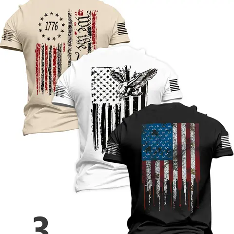 Men's Casual Flag Series Short Sleeve T-Shirt, American Vintage Classic Street Style, Perfect for Daily Wear and Outdoor Activities, Patriotic Theme