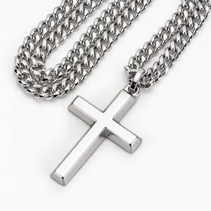 ICYYY 316L Stainless Steel Cross Necklace for Men, Cuban Chain, Religious Christian Faith Jewelry, Fashion Gift