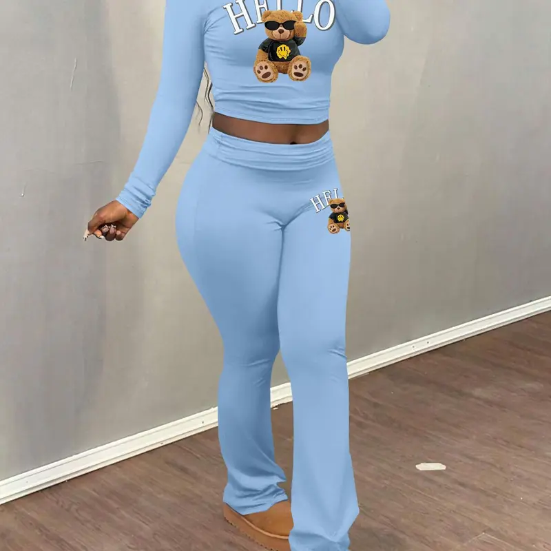 Women's Letter Print Fitted Long Sleeve Crop Tee & Bell Bottom Pants Two-piece Set, Casual Chic Set, Casual Streetwear Set, Casual Fashion Cozy Round Neck Top & Flare Leg Trousers for Daily Outdoor Wear, Women's Clothing for Fall & Winter, Lady Womenswear