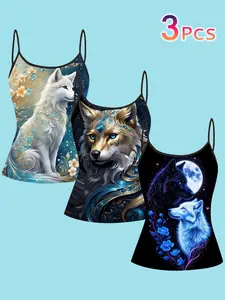 Dreamy Starry Wolf Print Strapless Top, Blue Gold Totem Moon Night Twin Wolves Slim Fit Sleeveless T-Shirt, Casual All-Season Women's Clothing, Graphic Tank Top, Fashion Casual Sleeveless