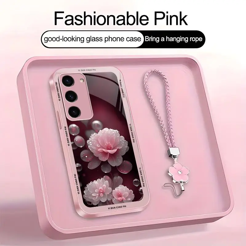 Suitable for [Galaxy S23 5g] high-end women's phone case🤩，a beautiful four-leaf clover lanyard is included🍀, beautiful floral pattern, elegant and sophisticated， drop-resistant and fingerprint-proof YM99
