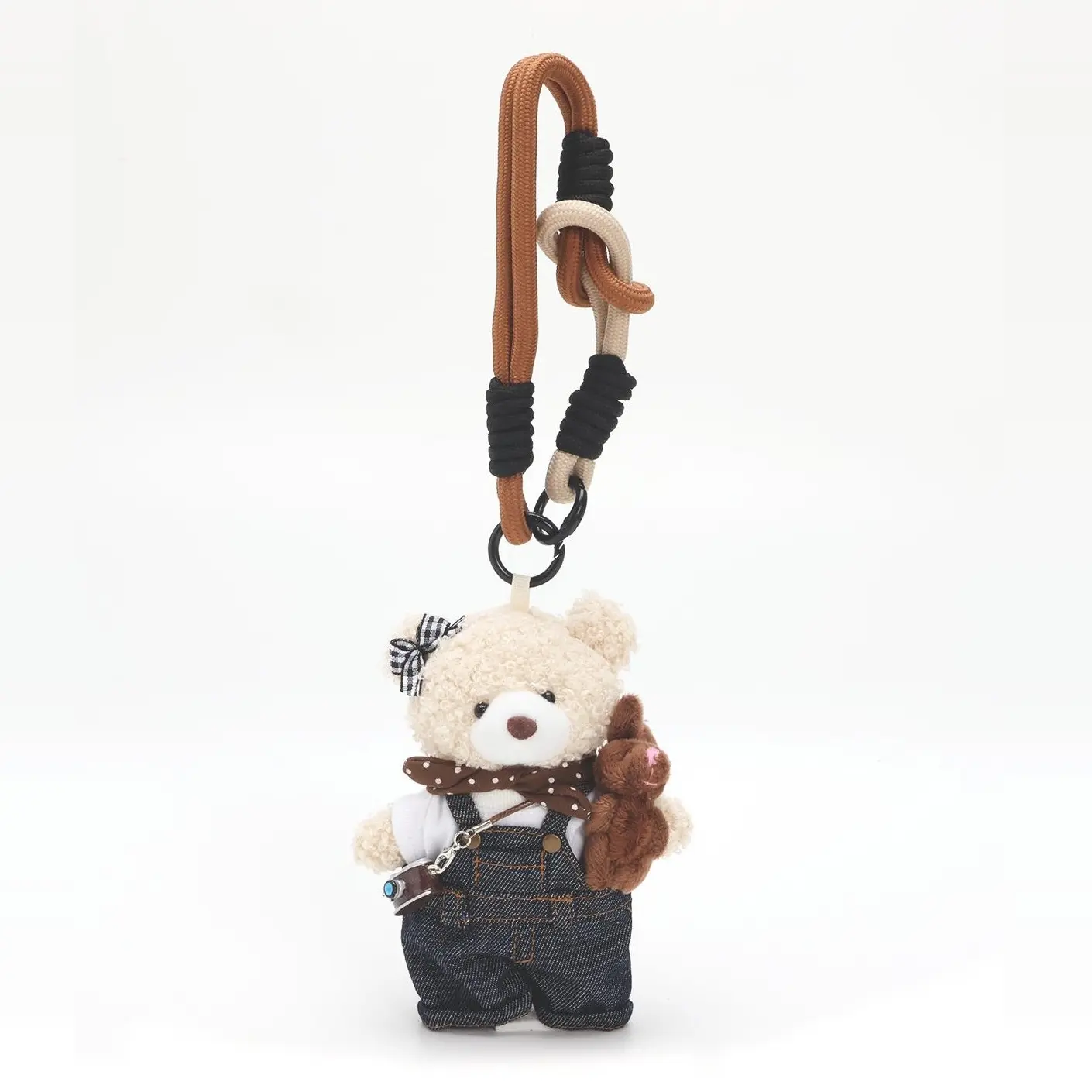 Teddy Huggy 5.9 In Clip-On Plush Fabric Camera Teddy Bear Keychain with Denim Overalls, Wristlet Strap, Bag Charm, Phone Charm for Smartphones (Mobile Phone Accessory)