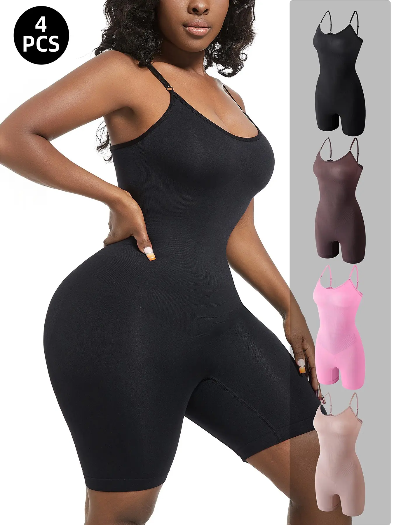 4-Pack High Stretch Shapewear Compression Bodysuit for Women Seamless Tummy Control Spaghetti Strap Shaper Shorts Under Dress Mid Thigh Slimmer Postpartum Girdle Set