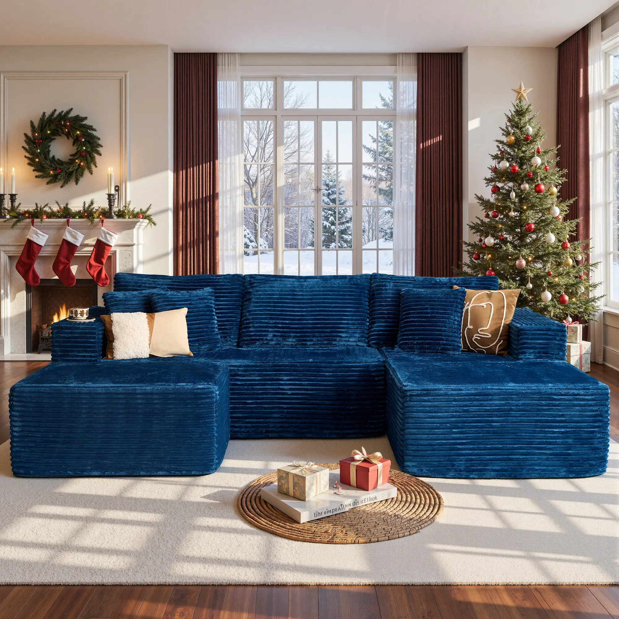 108" Blue U Shaped with Ottoman 