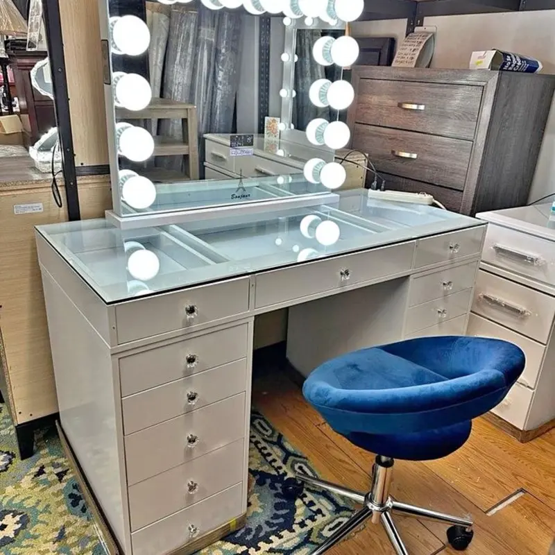 Brand new white vanity desk with glass top led light mirror and chair