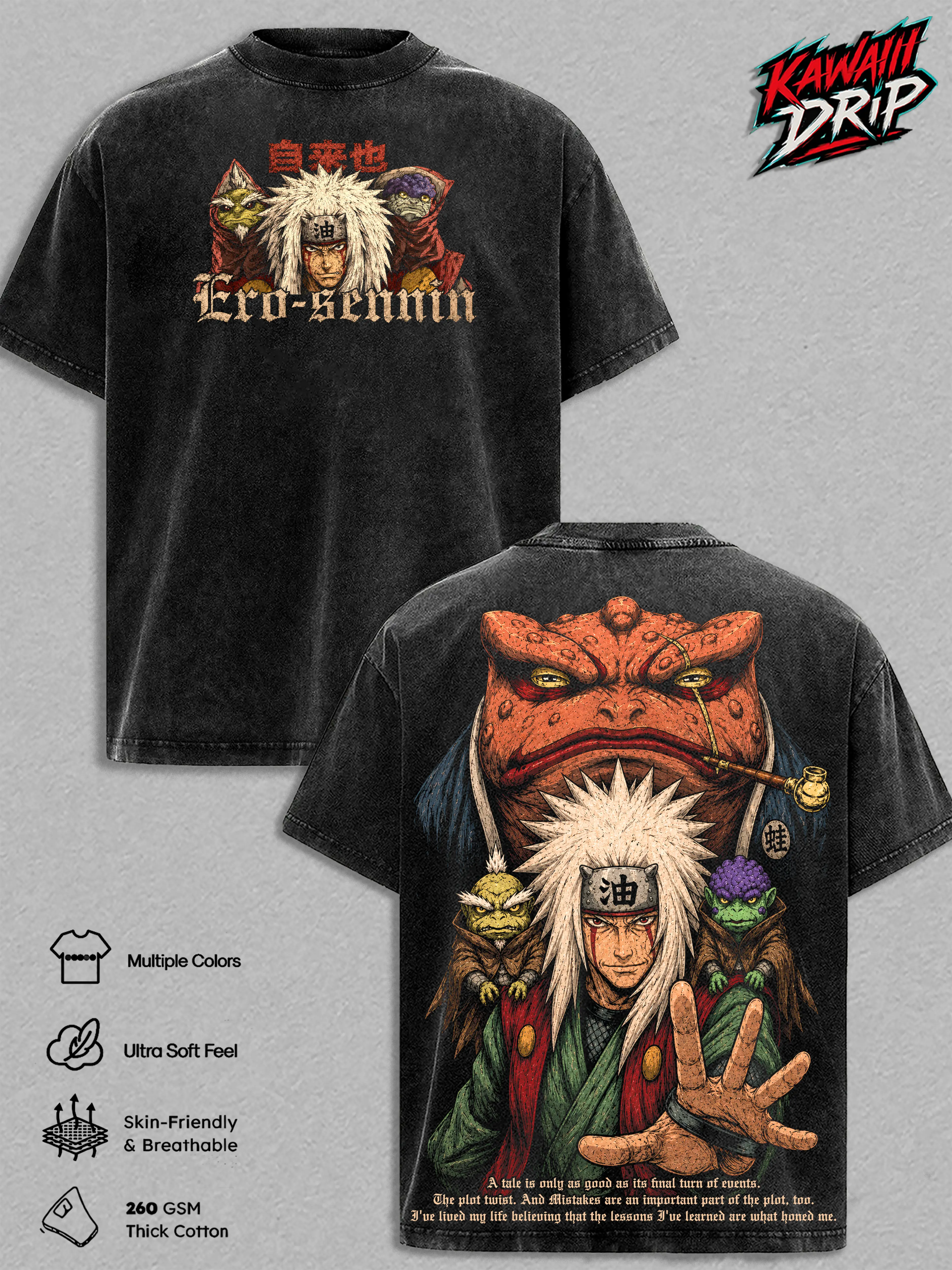 Jiraiya Narutoo Vintage Washed T-Shirt - Legendary Sannin Toad Sage Graphic Tee Manga Oversized Streetwear Top Cotton Tshirt Classic Menswear Clothes Apparel Gift for Naruto Fans Men & Women
