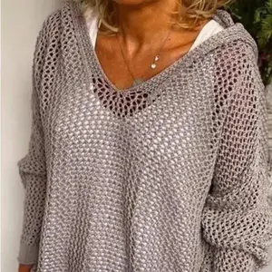 Women's Solid Hollow Out Sheer Hooded Sweater Loose Fit Casual Drop Shoulder Long Sleeve Jumper for Summer Knitted Shirt Minimalist Cardigan Knitwear Womenswear