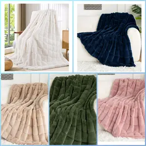 Faux Fur Throw Blanket, Luxury 1000GSM Ultra Thick Warm Rabbit Blanket for Couch Bed Sofa, 3D Checkered Pattern Soft Winter Heavy Minky Fluffy Blankets for Women Christmas Birthday Gift,