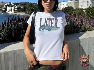 Later Gator Print Baby Tee, Funny Crocodile Meme Graphic Crop Top, Gift For Animal Lover, Cute Alligator Shirt, Animal Humorous Gift