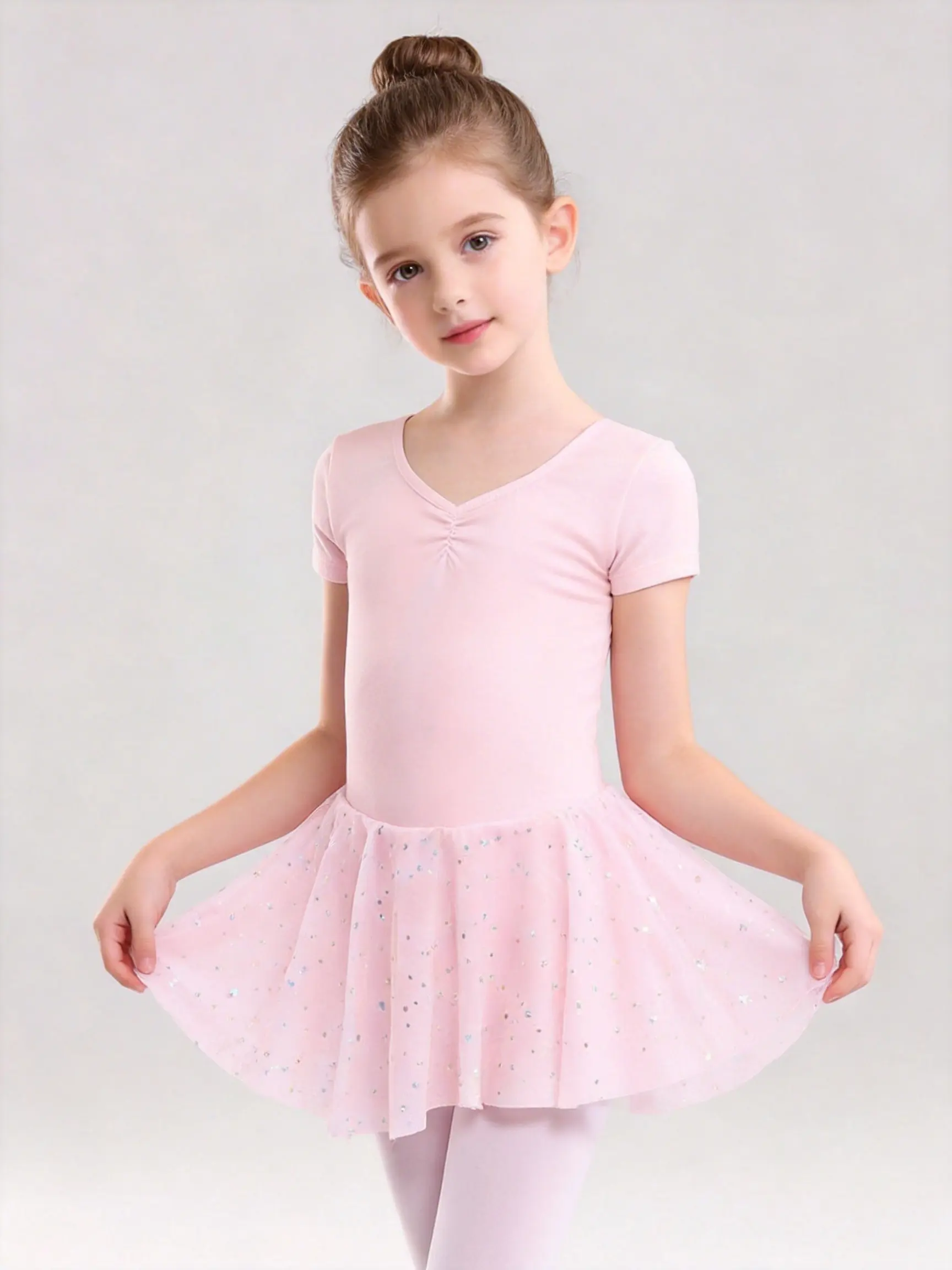 Girls' Pink Sparkle Sequin Tulle Ballet Tutu Leotard - Back Bow Cutout, Soft Stretchy Dancewear, Ballet Attire for Class, Recital