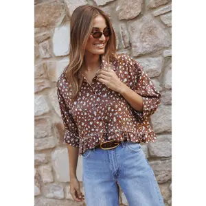 Ashe Cropped Button Up Top - Brown Floral