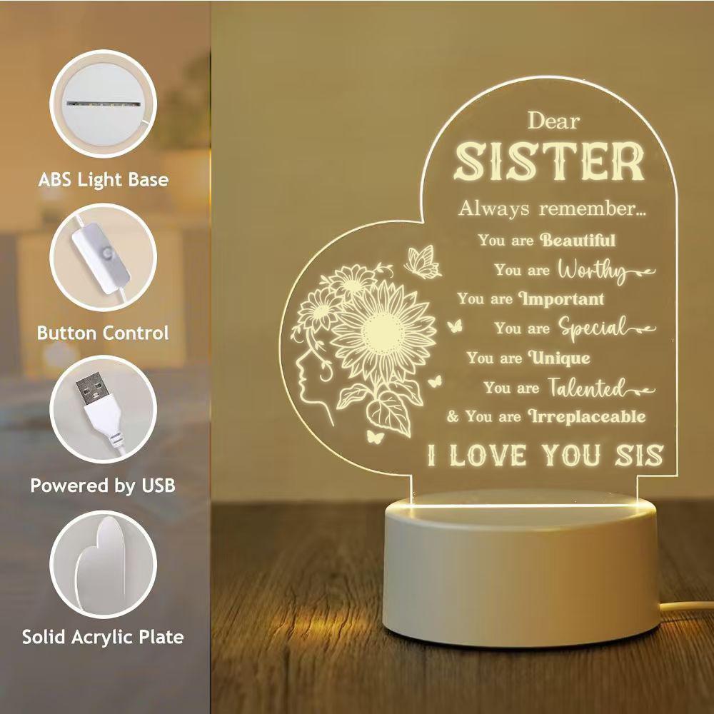 2D Heart Shaped Sister Night Light, Sunflower Decorative LED Table Lamp with Inspirational Quote, Personalized Birthday Christmas Gift for Sister, USB Powered Warm White Desk Lamp for Bedroom Living Room