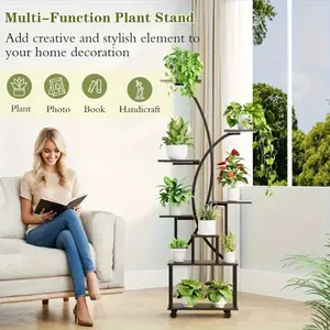 64.6"H Rolling Plant Stand with Grow Lights, 8 Tiered Indoor Plant Shelf, Corner Metal Plant Stands with Wheels