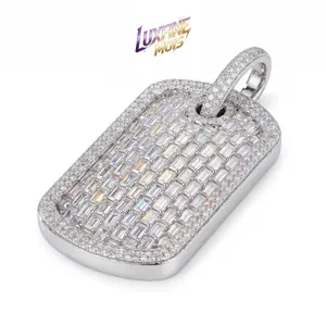 ⑨LUXFINE MOIS Iced Out Baguette & Round Moissanite Dog Tag Pendant, 14K Gold/Rose Gold/White Gold Plated Full Paved Hip Hop Necklace Pendant, Pass Diamond Tester for Men Women