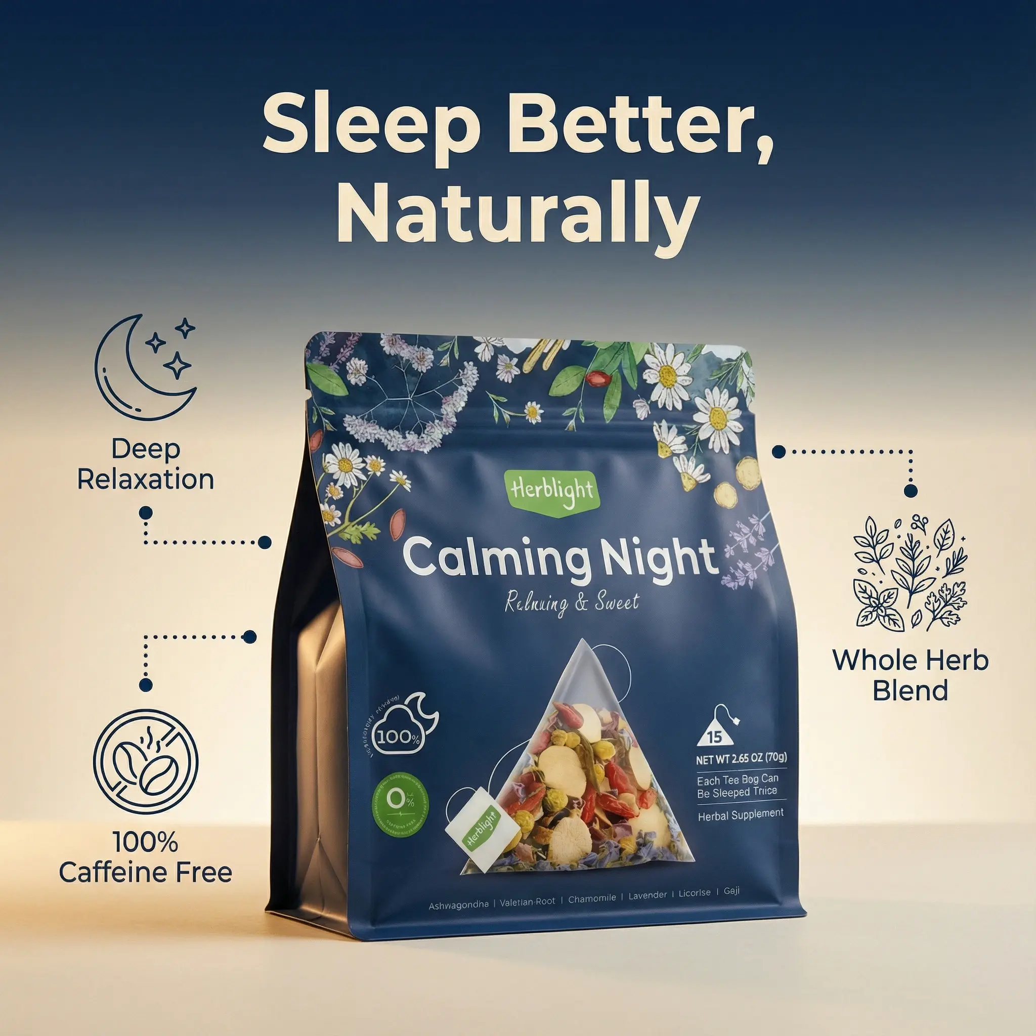 【Herblight】 Natural Herbal Tea - Ashwagandha, Valerian Root, Chamomile, Lavender & Licorice - Ashwagandha, Antistress, Anxiety Management, Calming Aid Sleep Supplements - 2.6oz (75g) - Flavorless, Caffeine Free, Ashwagandha Sleep Supplements
