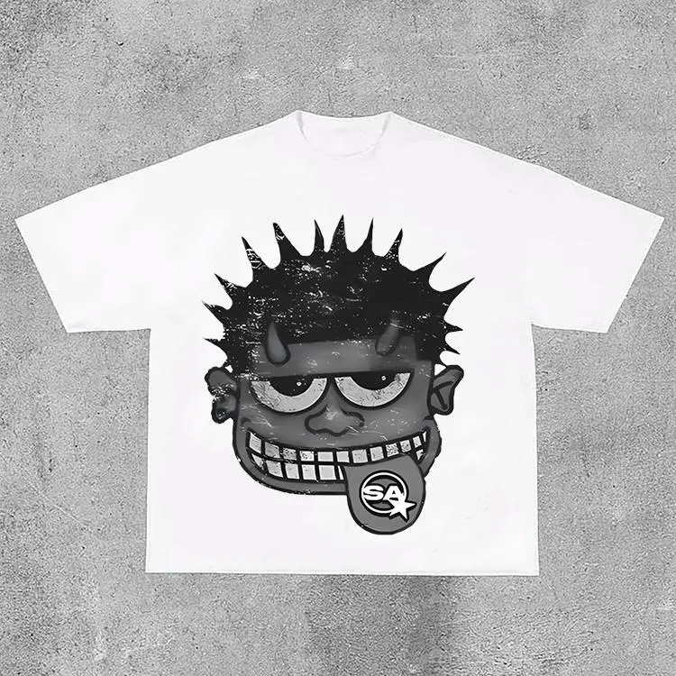 Fly Rich Abstract Human Face Graphic 100% Cotton T-Shirt Men Y2K