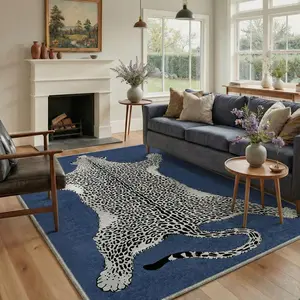 【Summervibes】GENIMO Leopard Area Rug, Animal Jungle Machine Washable Living Room Rug, Non Slip Navy Blue Cheetah Rugs for Bedroom, Low Pile Soft Stain Resistant Floral Rugs for Office Dining Room