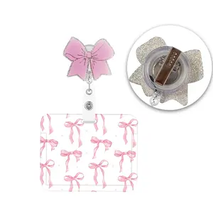 Bow ID Badge Holder with Extensible Roll, Shiny Rotating Clip, Nurse Name Tag Hanger, Medical Assistant Card Case, Office Gift, Nurse Badge Reel