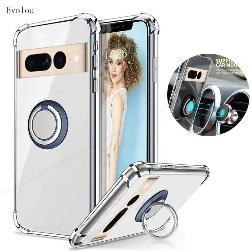 For Google Pixel 7 Pro Pixel8 Pro Case Magnetic Ring Holder Cover For Pixel 7 6pro 6A 5A 4A 6 5 9a Transparent Silicone Cases