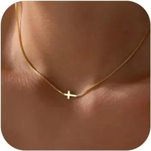 Women's Minimalist Exquisite Gold Stainless Steel Cross Pendant Box Chain Adjustable Collar Necklace, Female Modern Versatile Accessories, Gift-Worthy Costume Jewelry Necklaces for Women
