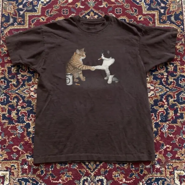 Gildan Men's and Women's T-shirt, Cat Graphic Tee With Two Cats Shaking Hands, Animals T-shirt, Unisex T-shirt, Gift T-shirt, Y2k Unisex Graphic Tees Gothic Grunge Emo Scene Amity Affliction Style Clothes Menswear Womenswear Streetwear