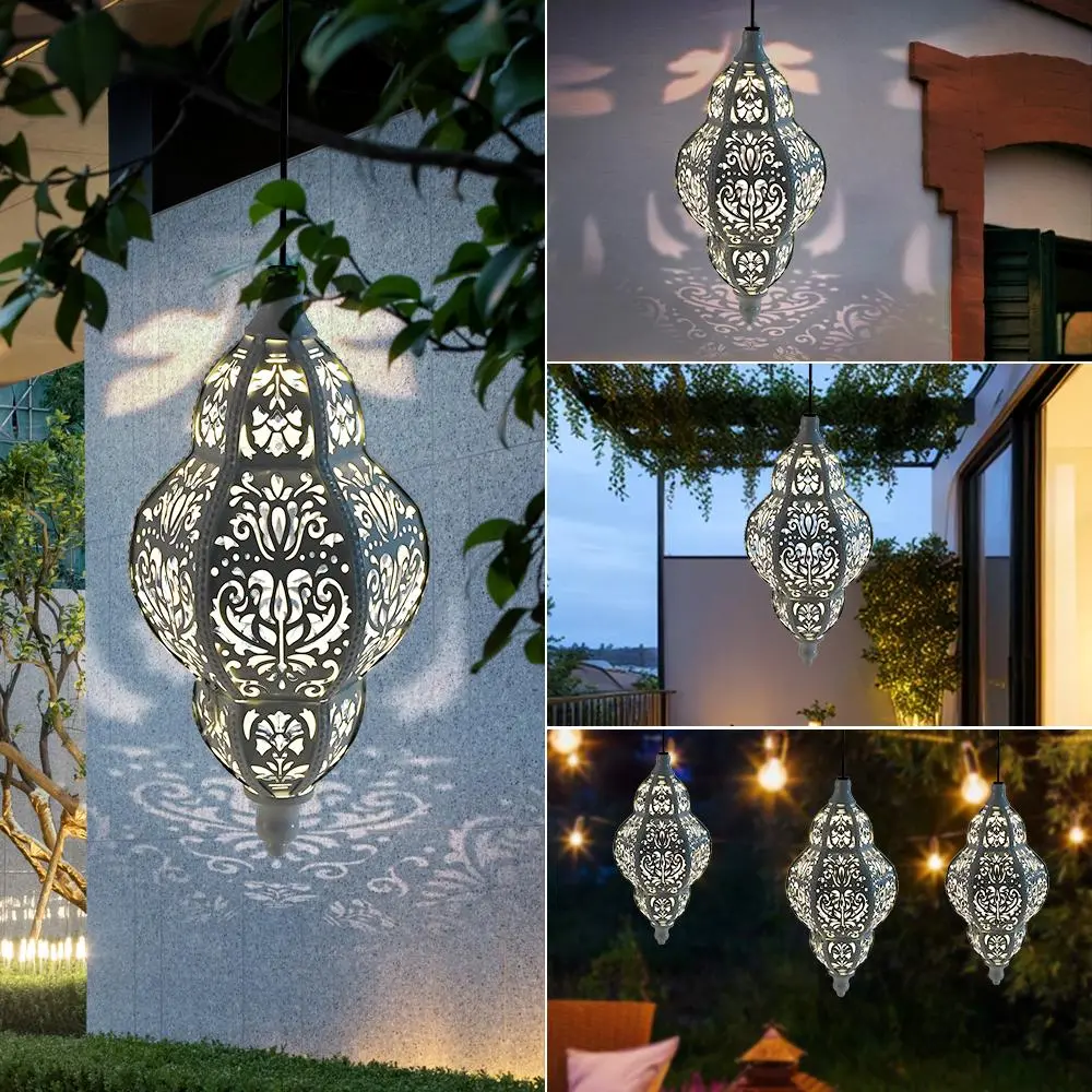 Retro Boho Moroccan Solar Powered Hanging Lantern - Anti-Rust Metal, Weatherproof Seal, Lightweight, Rechargeable, Auto Night-On Outdoor Garden Home Improvement Lighting Fixture