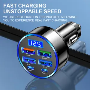6 in 1 USB Type-C Fast Charging Car Phone Charger QC3.0 Dual Power Adapter with LED Display Voltage Monitor for Quick Power-ups