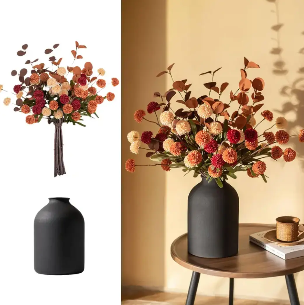 12-Stem Home Decor Centerpiece with Mums, Kiku Flowers, Eucalyptuses, Faux Pom Poms for Kitchen Island, Entryway Table rose light maintenance decorative leaf porch patio garden decor modern simple style arch party wedding decor