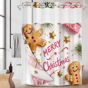 1PC/4PCS 2D Flat Printing Merry Christmas Gingerbread Man Gift Box Patterned shower curtain, home bathroom decor, shower curtain set with 12 hooks, non-slip bathroom rug, U-shaped toilet seat cover, toilet seat mat.