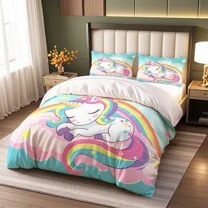 3pcs Cartoon Rainbow Unicorn Print Quilt Set, Soft Polyester Fabric, Zipper Design, Modern Style Bedding Essentials, with Duvet Cover