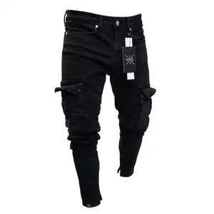 Men Slim Biker Ripped Long Denim Trousers Skinny Jeans pocket Young Man Jogging Pants Destroyed Stretchy-Black Pants new fashion