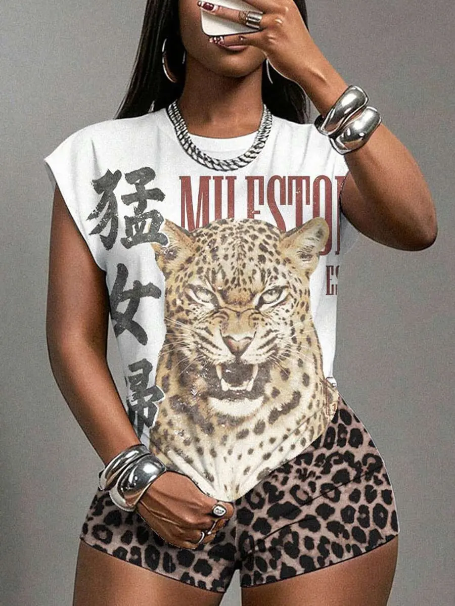 Summer Women Two Pieces Set Sleeveless Round Neck T-Shirt Mini Shorts White Animal Print Brown Zebra Print Street Wear Slim Fit Night Out