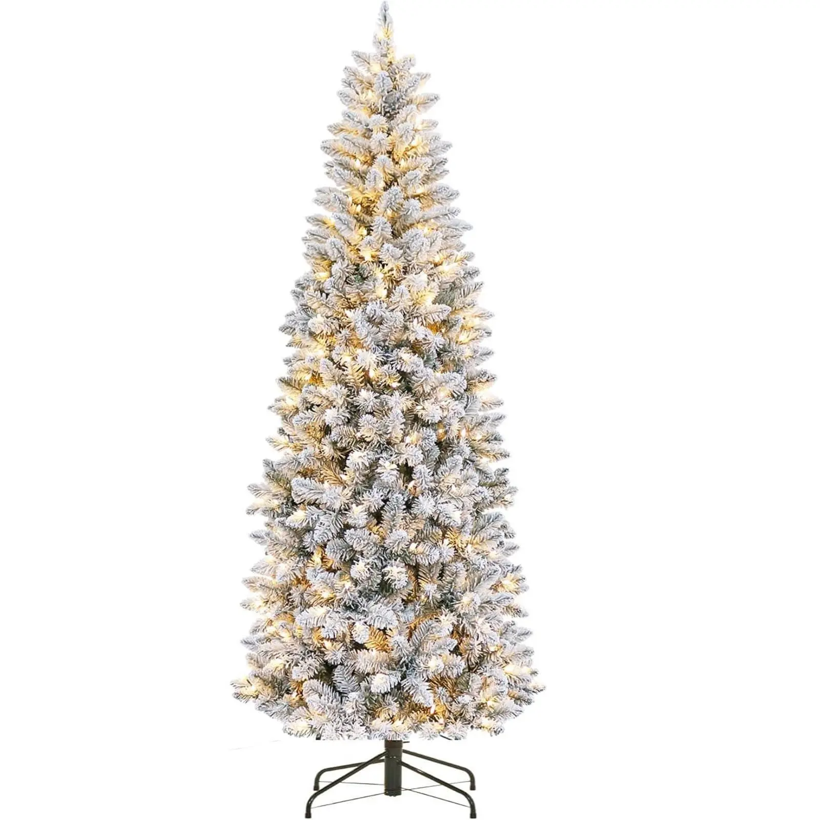 7.5 ft Pencil Christmas Tree, Artificial Pre-Lit Christmas Tree, Realistic Frosted Xmas Tree Holiday Decoration, with LED Lights and Metal Stand