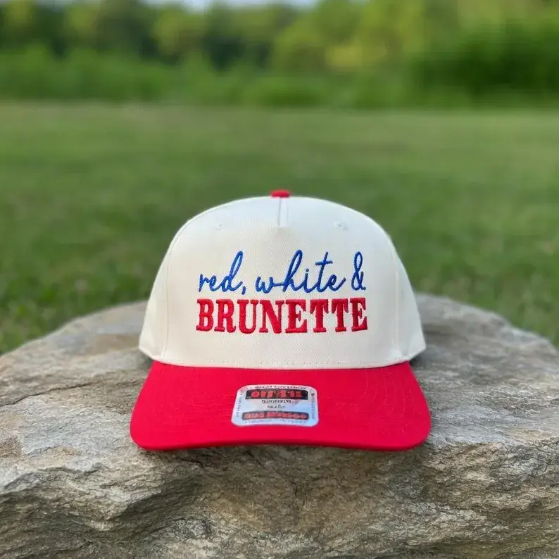 Women's Patriotic Embroidered Trucker Baseball Cap - 'Red White & Brunette' Graphic Logo, Adjustable Snap Strap, Breathable, Lightweight, All-Season, Casual Outdoor, 4th of July, Country Girls, Unisex One Size, Adjustable Strap