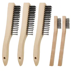 5Pcs Wire Brush,Heavy Duty Carbon Steel Wire Scratch Brush for Cleaning Rust with 10/7.7inch Long Curved Beechwood Handle Cleaning Tools - Home Improvement.