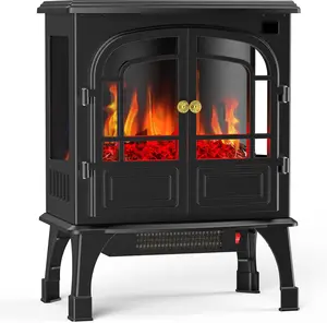 Freestanding Electric Fireplace Heater, 26”Two Door Fireplace with 3D Flame Effect, Overheating Safe Design, Energy Saving Space Heater with 12H Timer&Remote for Living Room, Bedroom,Black