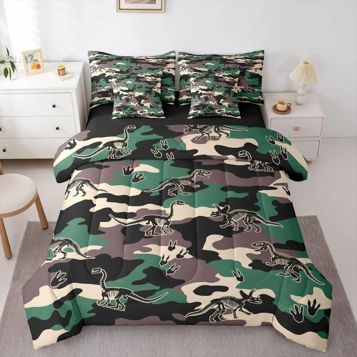Army Camouflage 7 Piece Bedding Set,Camo Dino Comforter Set with Sheets 3D Vintage Hunting Theme Bed in a Bag Dinosaur Skeleton Farmhouse Green Bed Set,Comforter