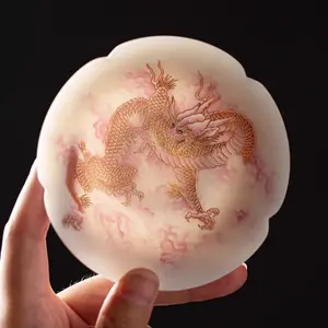 Dragon-and-Phoenix Cups Made of White Jade Ceramic Host's Cup Single Pu'er Tea Cup with Intricate Design