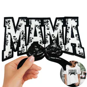 Iron On Patches Chenille MAMA Bow Embroidered Sequin Applique Glitter Edge Diy Cute Accessories for Clothing Backpacks Jackets Decoration,Black
