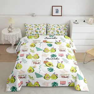Avocado Designer Comforter Set,Green Yellow Avocado Kawaii Cute Luxury Bedding Set,Full Size Tropical Leaves Decor Lovely Fruit Ultra Soft Quilt Set