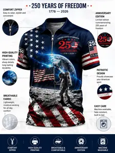 Patriotic American Flag Polo Shirt for Men, 250th Anniversary 1776-2026, Sporty Fitted Design, Ideal for 4th of July Gifts Zippered Polo