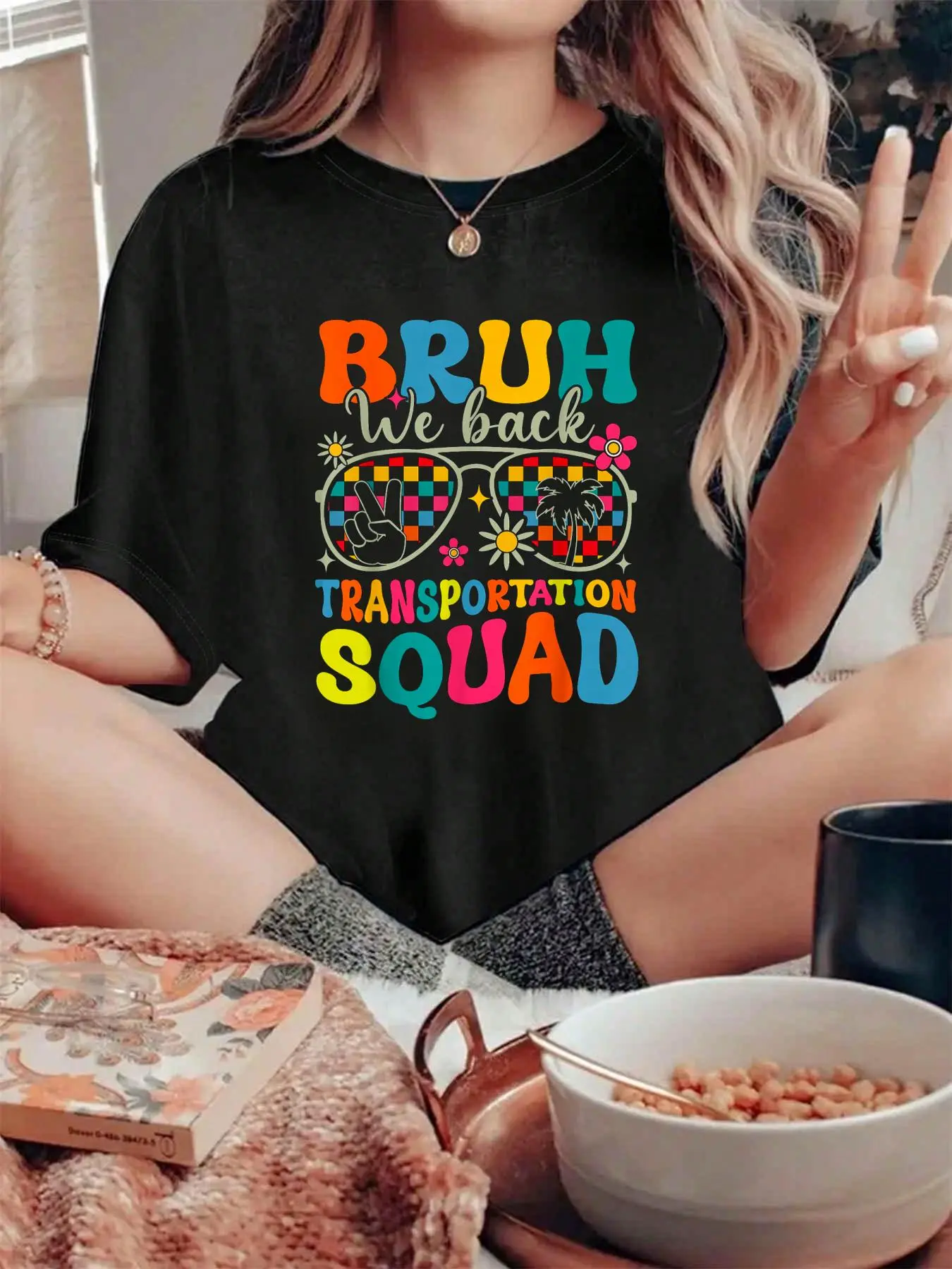 100% pure cotton Bruh We Back Transportation Squad Back To School Bus Driver T-Shirt printed t-shirts for women