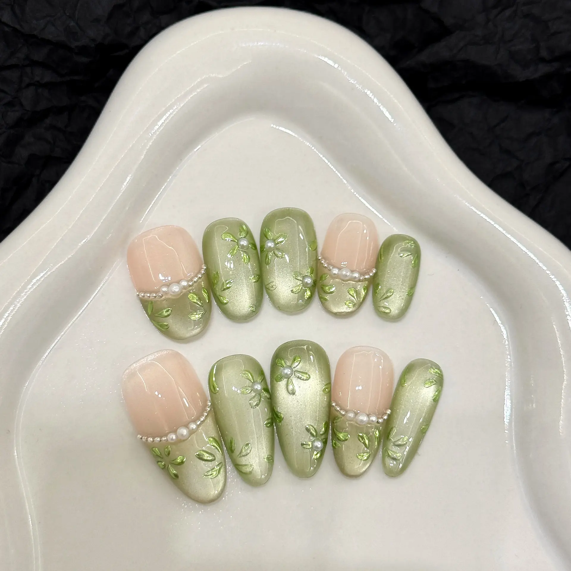 [Pixie Garden] Short Oval Handmade Press on Nails, Fake Nails with Nail tool kit with Jelly Stickers, Reusable, Durable French Tips Glitter Acrylic Powder nail