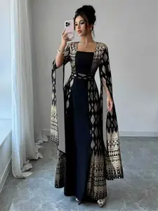 Elegant Geometric Print Dress, Spring Summer Long Maxi Dress, Square Neck Zipper Slit Flare Sleeve, Women's Party Gown, Formal Wear