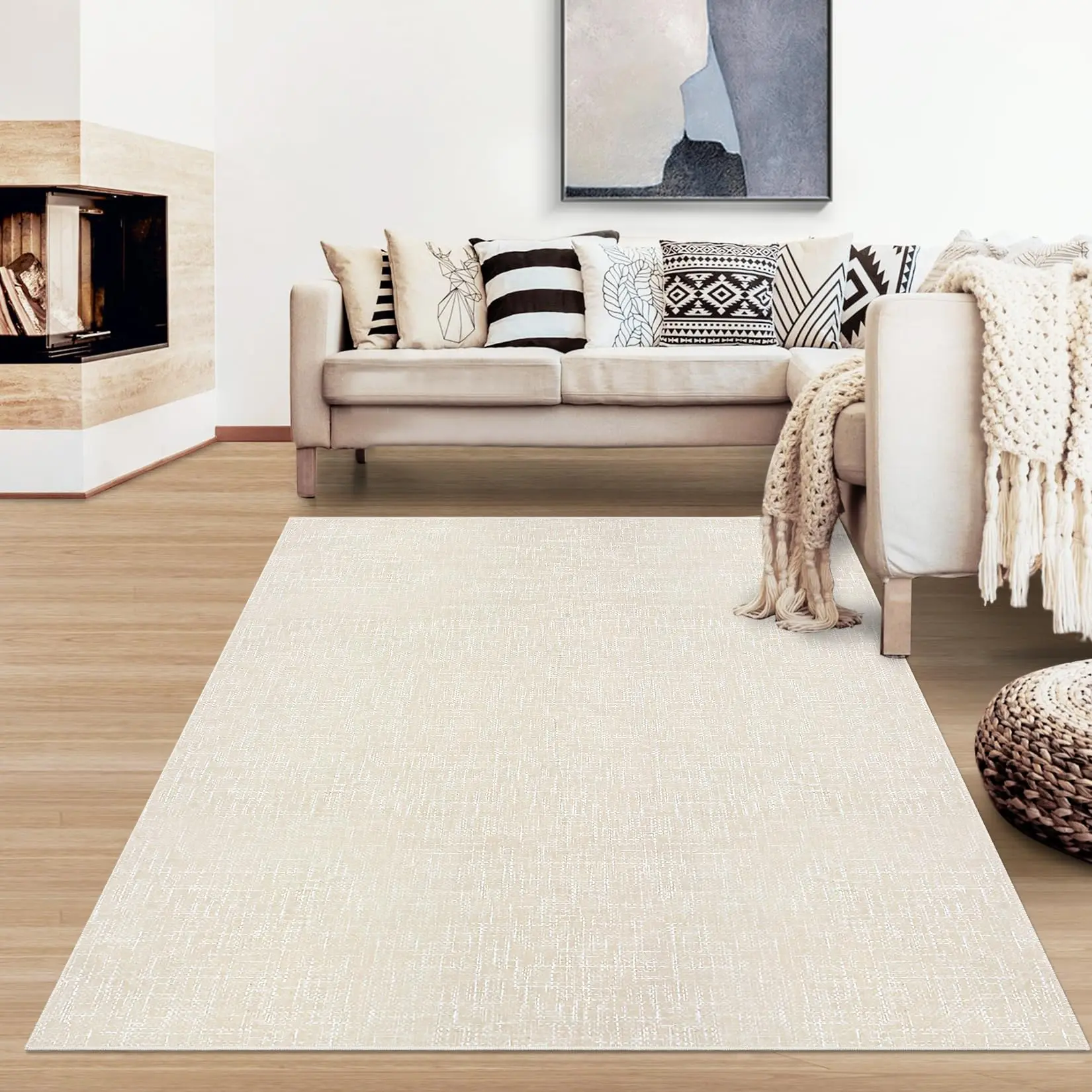 5x7 Washable Black Area Rug - Non-Slip, Stain Resistant, Modern Solid Design - Perfect for Living Room, Bedroom, Dining Room, Office Decor, Cream