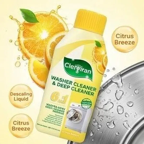 Clelviran 6-in-1 Washing Machine Cleaner Liquid - Deep Descaling & Odor Eliminator for Front & Top Loaders, HE Safe, Citrus Breeze Scent