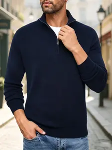 1 men's half-zip mock neck knitted long-sleeved polo shirt, a luxurious quarter-zip knitted pullover with a 1/4 zip mock neck design, soft knitted fabric, suitable for single wear in spring and autumn, layering in winter, and daily commuting