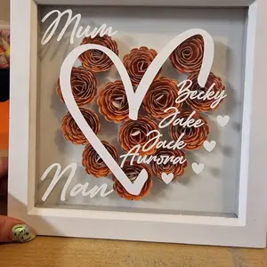 Customizable Mother's Day Shadow Box with Heart Design and Floral Elements, Personalized Names, Available in White or Black, Ideal Gift for Mom