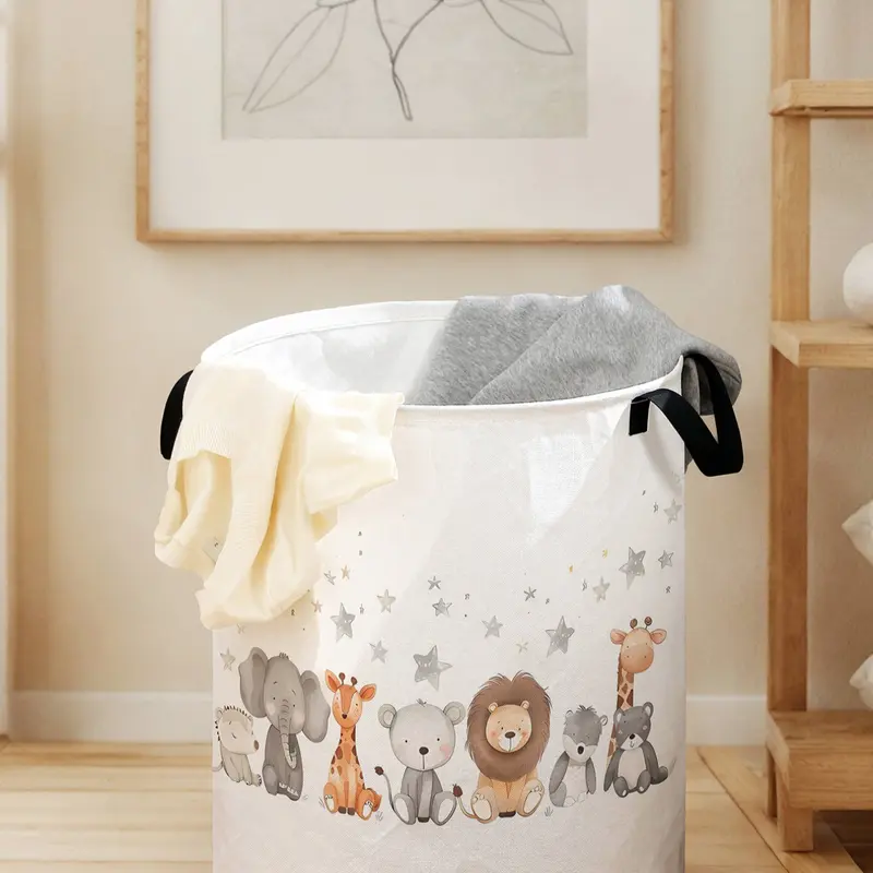 Durable Laundry Basket Bag with Animal Print Handle, Foldable Large Capacity Storage Bin for Clothes & Toys, Casual Home Organizer, Collapsible Laundry Hamper, Folding Laundry Basket, Clothes Baskets
